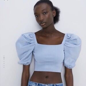 Zara Powder Blue Square-Neck Puff Sleeve Crop Top